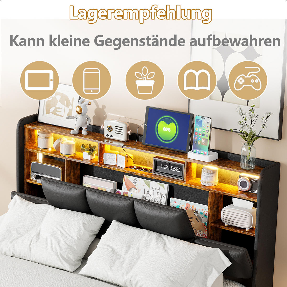 POLSTERBETT 140x190cm Polsterbett mit LED-Beleuchtung und Stauraum – Schwarz PU - Schwarz, Textil (140/190cm) - DELFA