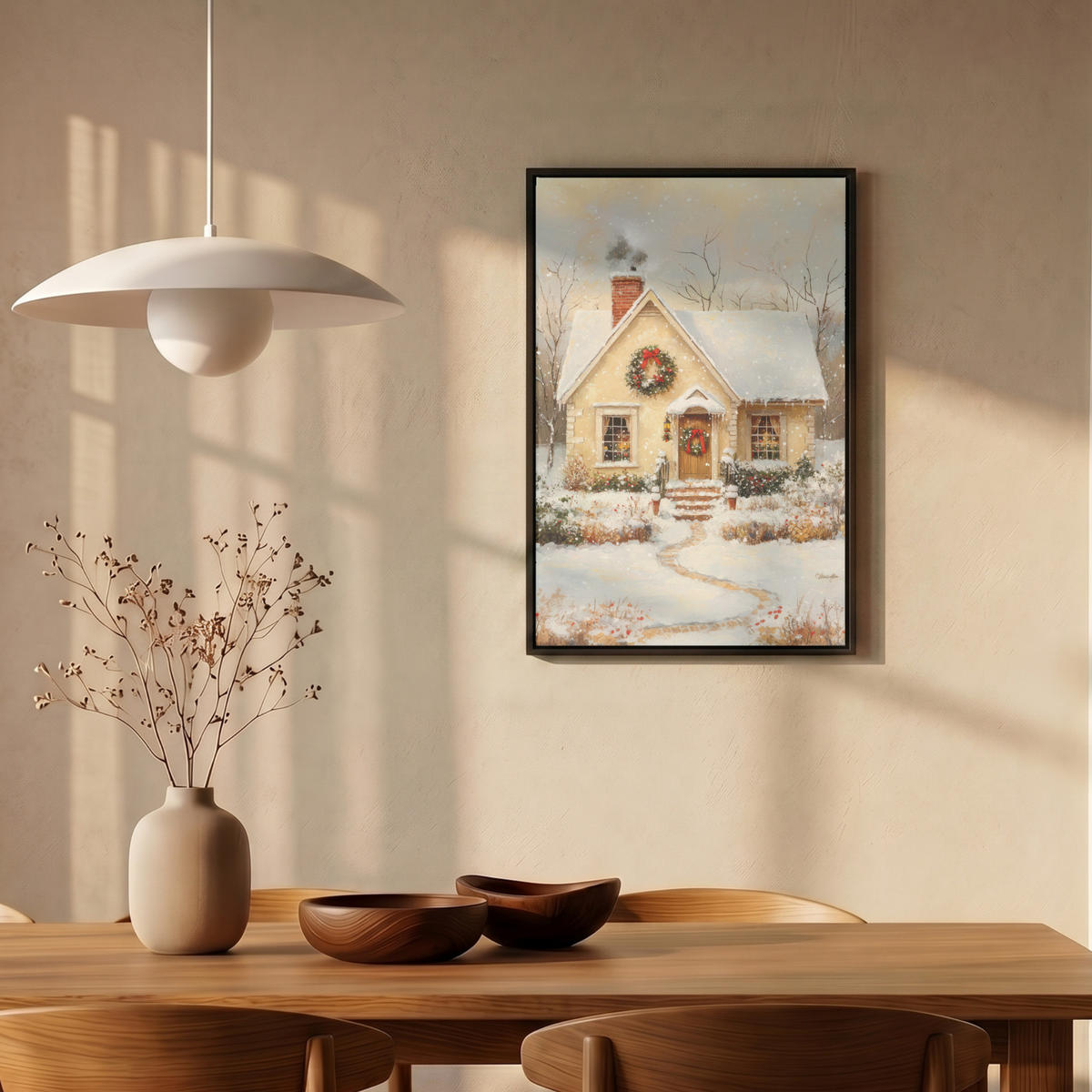 LEINWAND Bilder mit Rahmen - Weihnachten - Zuhause - Winter - Schnee - 40x60 - Creme, Textil (40/60cm) - MuchoWow