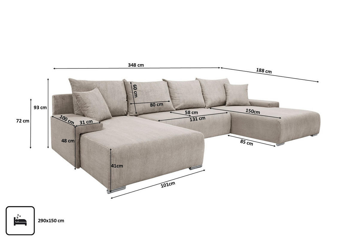 ECKSOFA U-Form Livorno Schlaffunktion Cord-Stoff Beige - Chromfarben/Beige, Holz/Kunststoff (348/93/188cm) - Kaiser Möbel