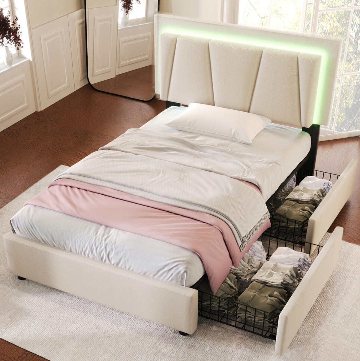 POLSTERBETT 90/200 cm Beige mit LED-Beleuchtung und 2 Schubladen - Beige, Holzwerkstoff (90/200cm) - Flora Grace