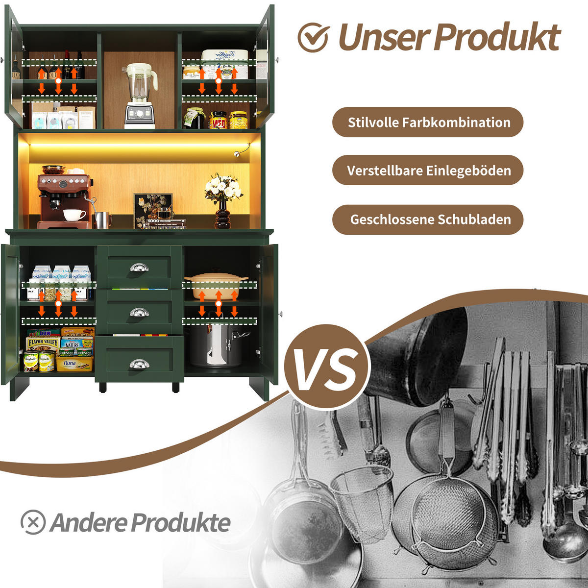 BUFFET 120/40/179 cm grün aus MDF mit LED-Beleuchtung - Grün, Holzwerkstoff (120/179/40cm) - OKWISH