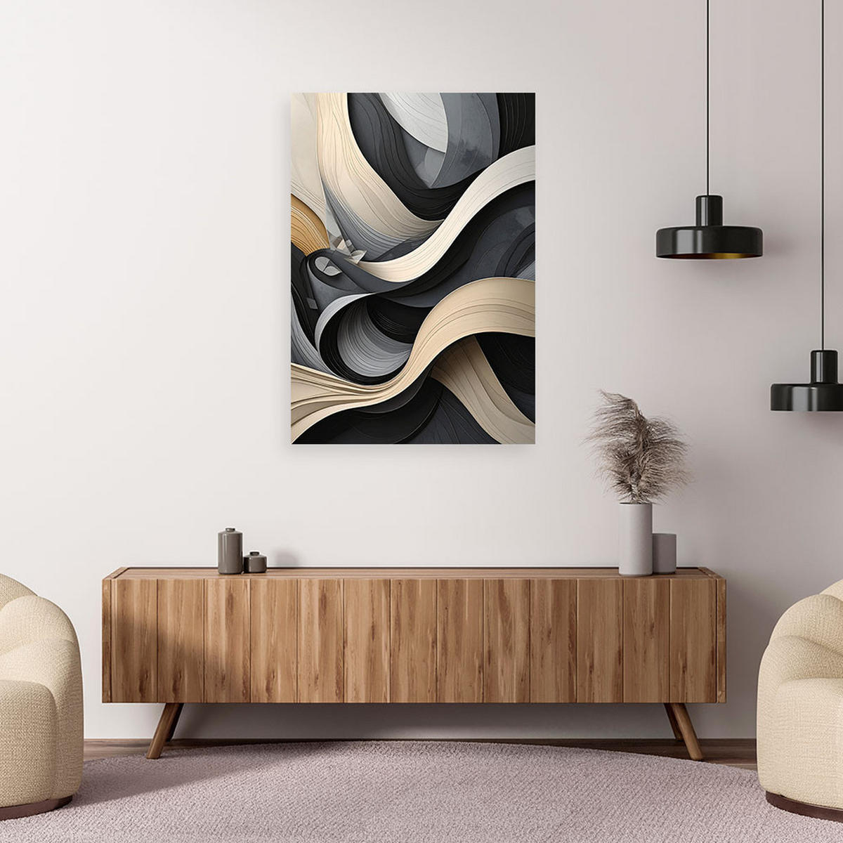 WANDBILD, Abstrakte Wellen in Schwarz- Weiß- und Beigetönen - Schwarz, Textil (40/60cm) - Feeby