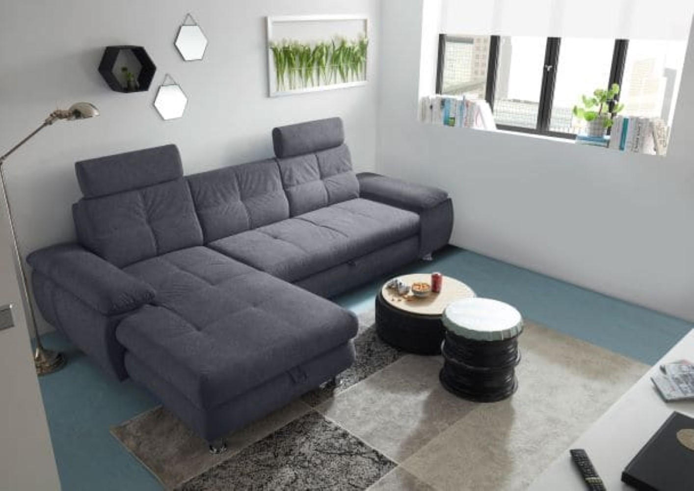 ECKSOFA mit Schlaffunktion und Bettkasten, Brego-Stoff - Chromfarben/Anthrazit, Textil/Metall (274/177cm) - ed exciting design