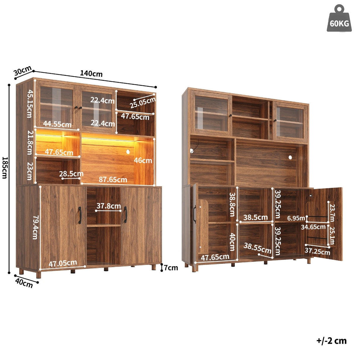 BUFFET aus MDF und Glas 140x40x185 cm Walnussbraun mit LED-Beleuchtung, USB-Anschluss und Schiebetüren - Braun, Glas (140/185/40cm) - Modfu