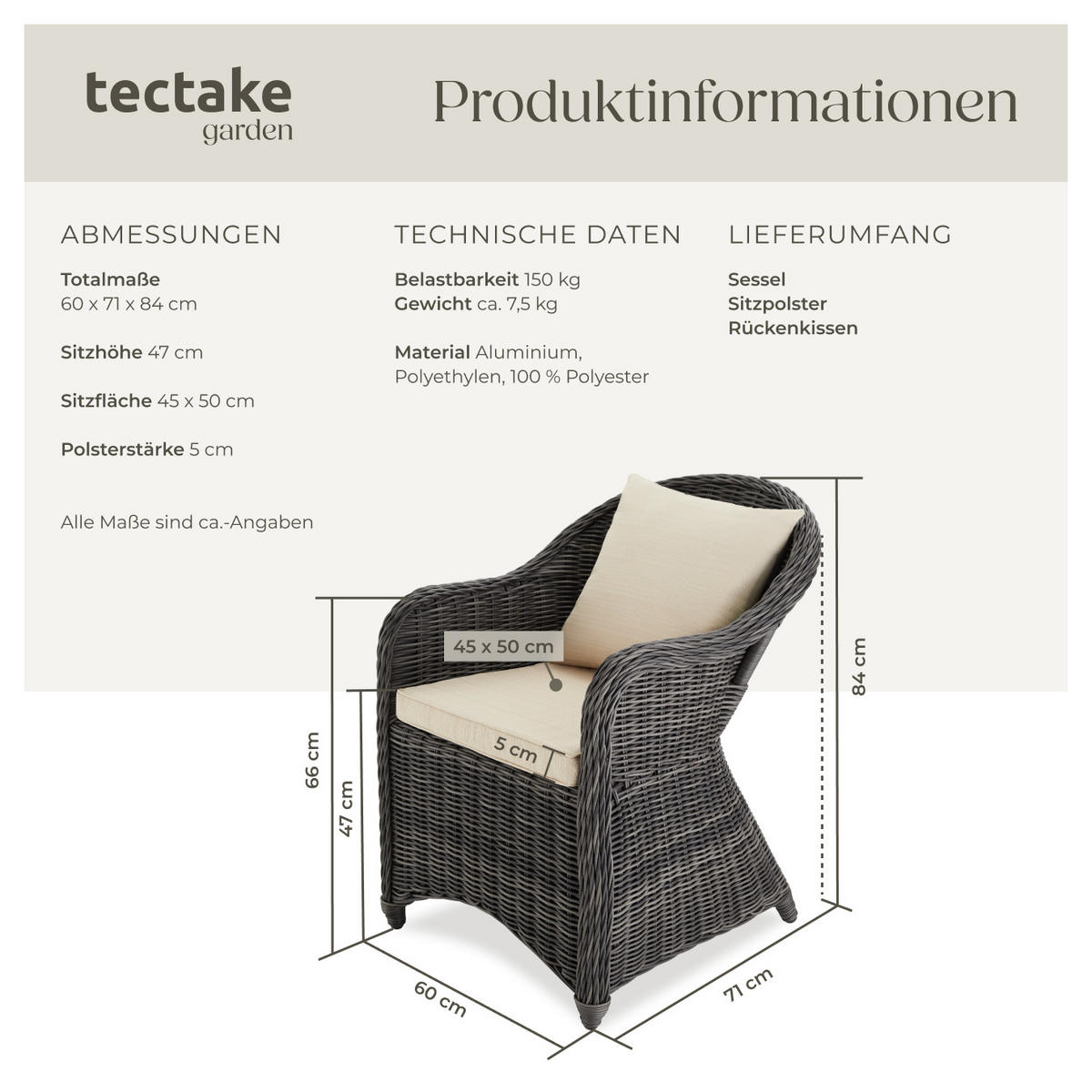 RATTANSESSEL ,71 x 60 x 84 cm,grau - Grau, Kunststoff (60/84/71cm) - tectake