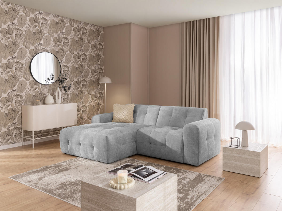 ECKSOFA Kozy im Bumpy-Design mit fester Rückenlehne aus weichem Hellgrau Chenille-Stoff - Ottomane links - Hellgrau/Schwarz, Holz/Kunststoff (161/234cm) - S-Style Möbel