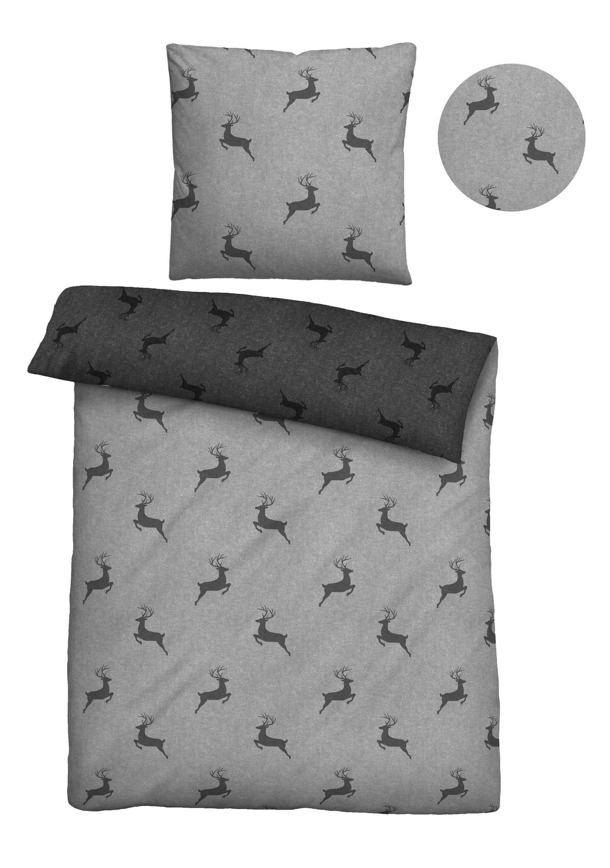 BETTWÄSCHE-GARNITUR Melange Hirsch Klein sturmgrau, 155x220 cm + 80x80 cm - Grau, Textil (155/220cm) - biberna