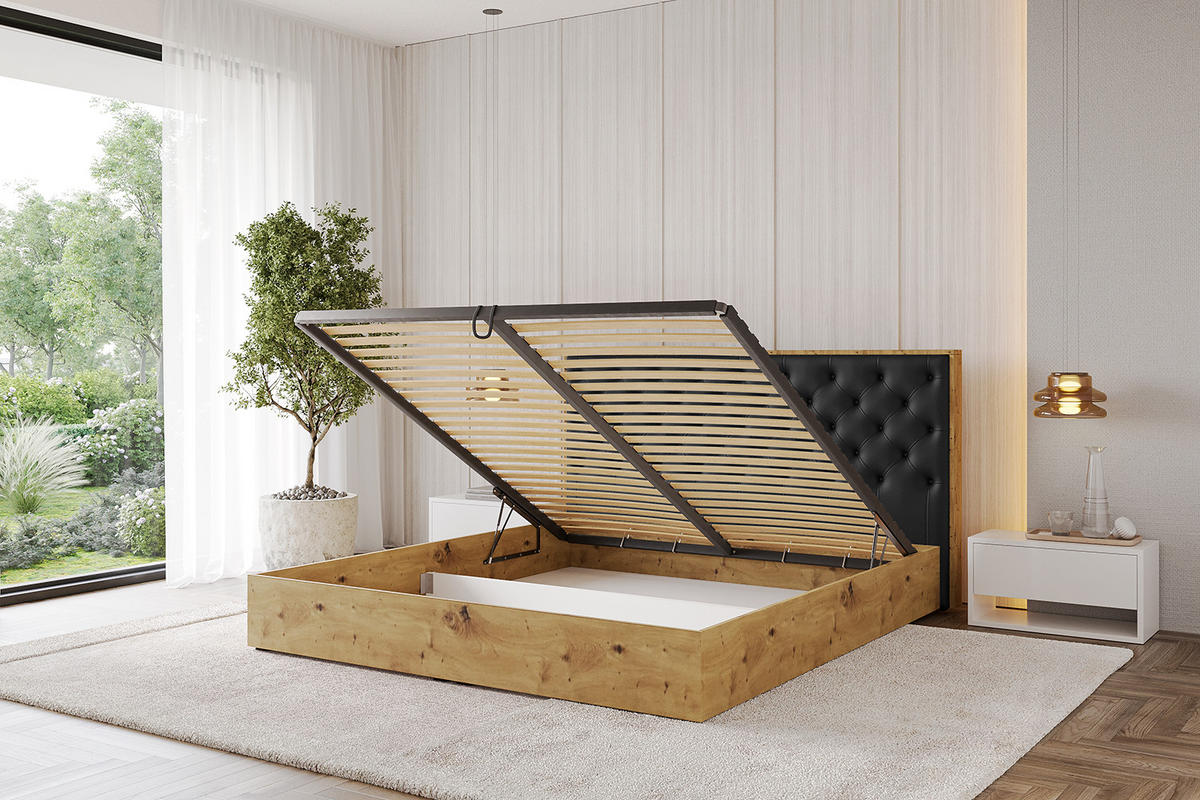 POLSTERBETT mit Bettkasten und Lattenrost, Boxbett ohne Matratze - ENZO3 180x200 Schwarz Kunstleder - Schwarz Hochglanz, Holzwerkstoff/Textil (180/200cm) - ALTDECOR