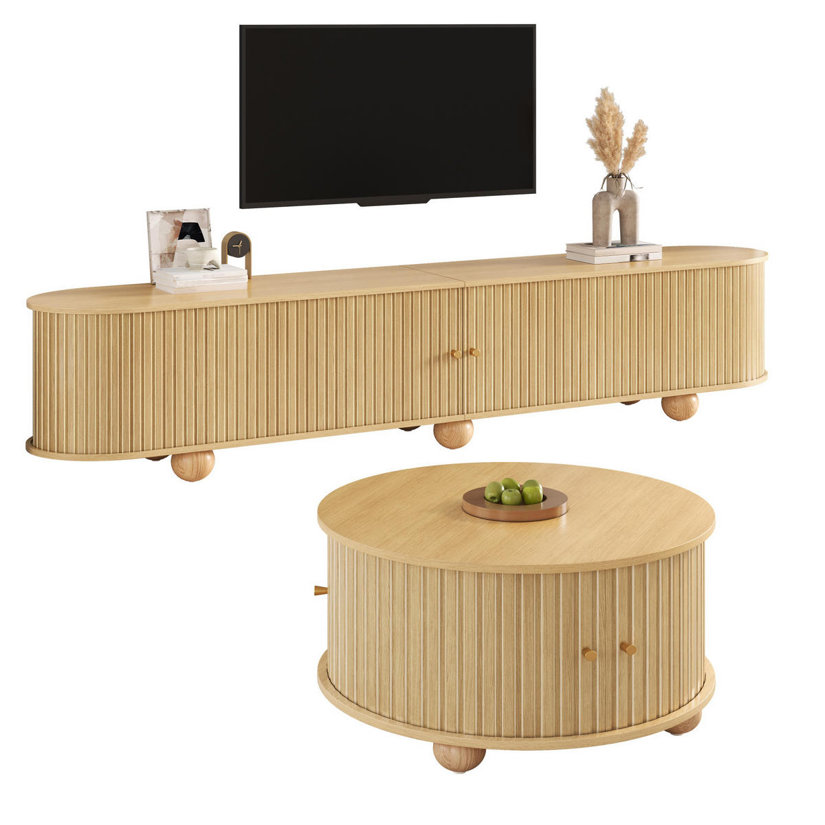 TV-ELEMENT2TLG Couchtisch und Set 180cmReliefoptik mit Schiebetüren Natur - Naturfarben, Holz (82.5/10.01/97cm) - Raelunyi
