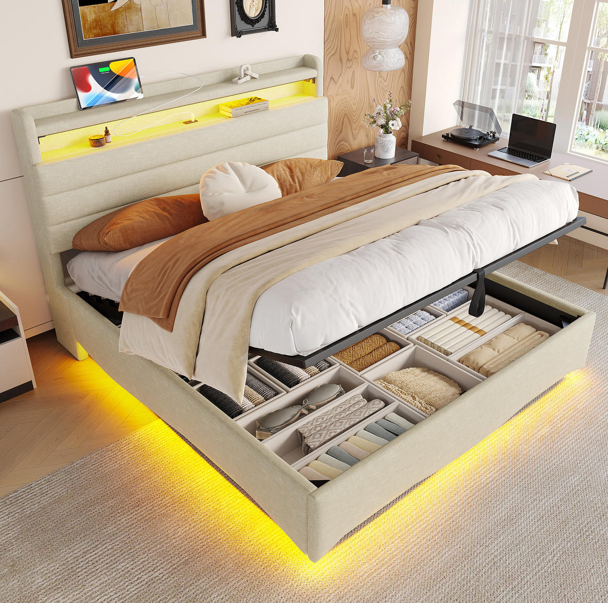 ČALÚNENÁ posteľ 140/200 cm s LED osvetlením, hydraulickým úložným priestorom a USB/Typ-C portami, Sivá - sivá, textil (140/200cm) - Redom