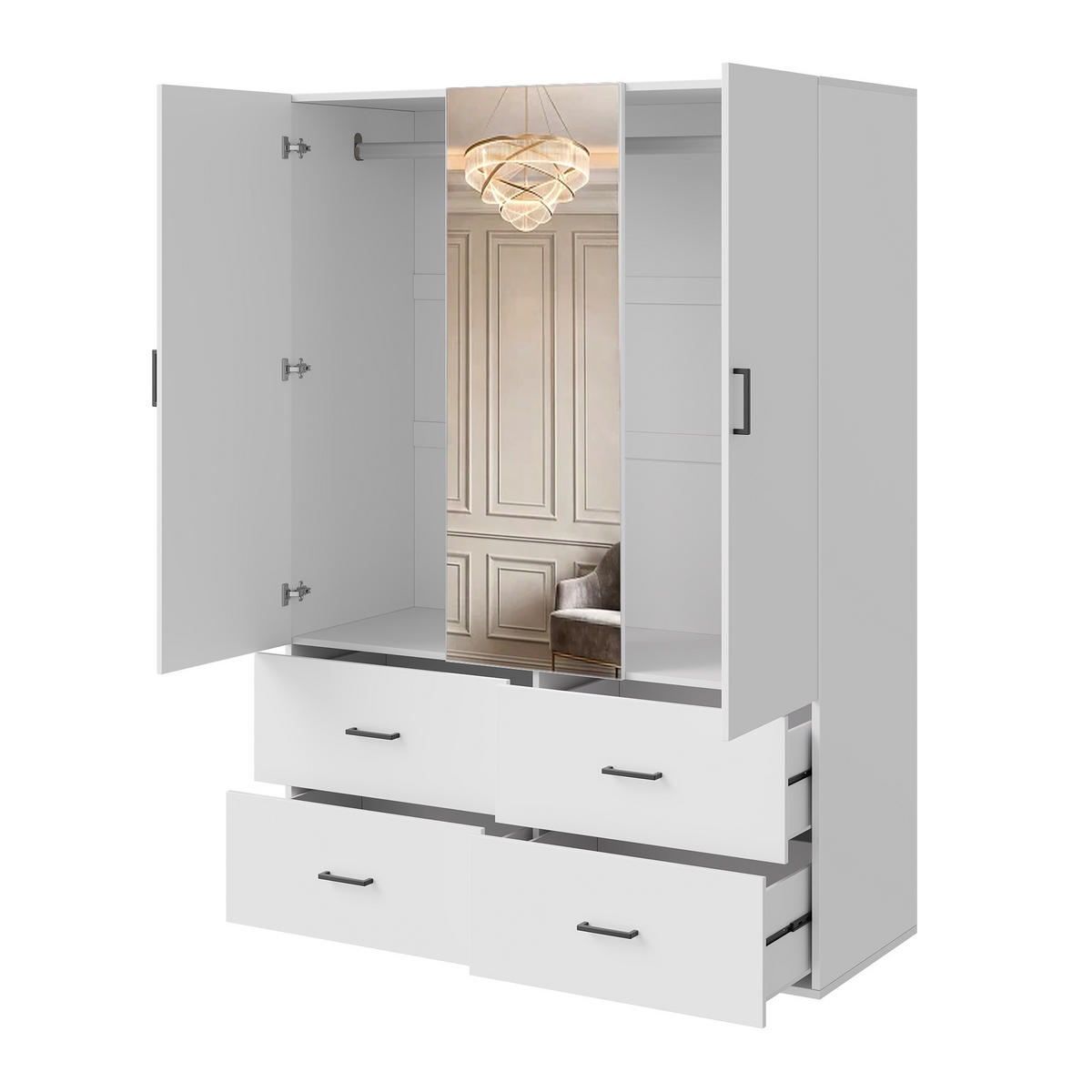 KLEIDERSCHRANK 130cm weiß mit Spiegel und LED, 4 Schubladen, viel Stauraum - Weiß, Holzwerkstoff (51.8/181.5/130cm) - SHOPENTRA