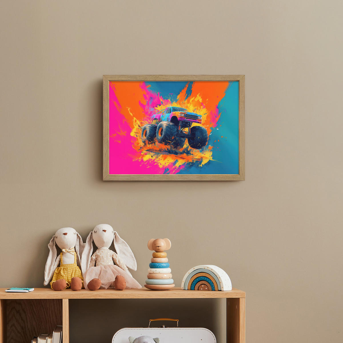NÁSTĚNNÁ LAMPA S AKUMULÁTOREM Monster truck - Abstraktní - Stříkající barva - Barevné 40x30 cm - růžová, kompozitní dřevo (40/30/8cm) - OnlyWow