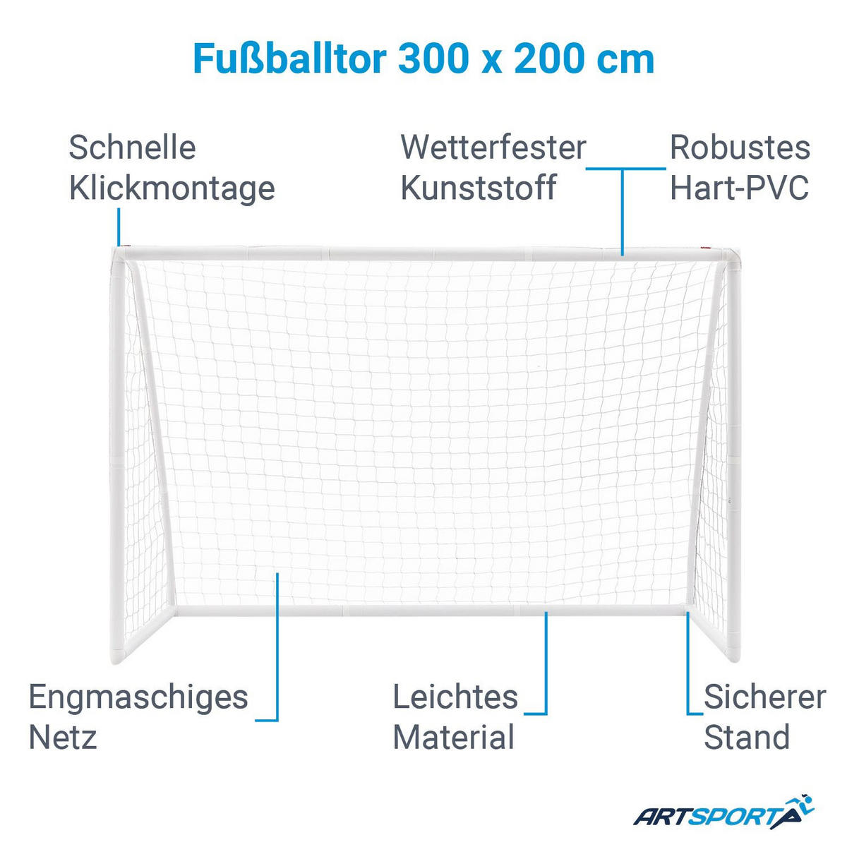 FUSSBALLTOR 300x200 cm inkl. Tragetasche - Weiß, Kunststoff (300/120cm) - Artsport
