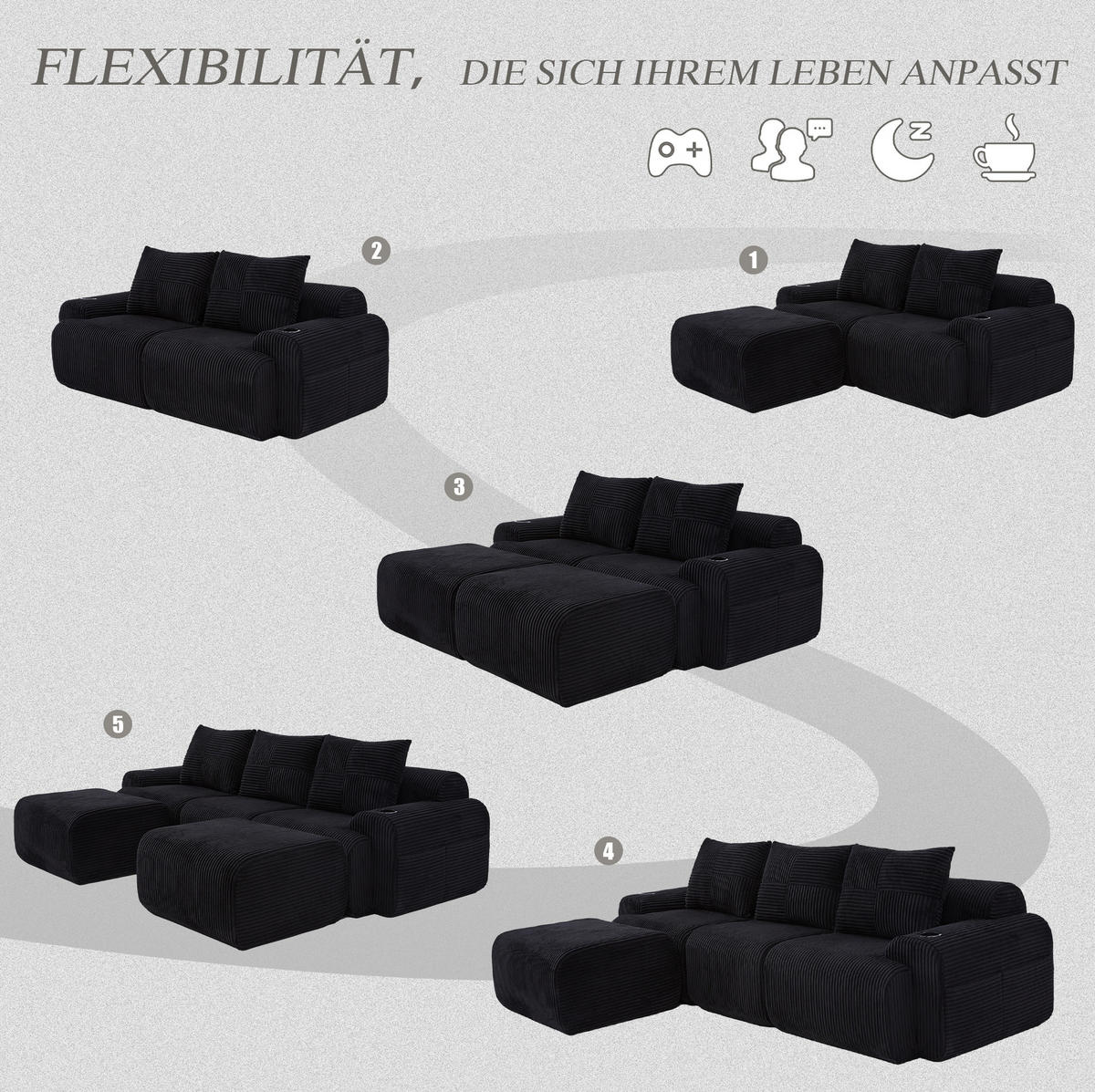3-SITZER Wohnlandschaft Cord mit Getränkehalter und Aufbewahrungstasche 268/174/80 cm Schwarz - Schwarz, Textil (174/80/268cm) - Redom