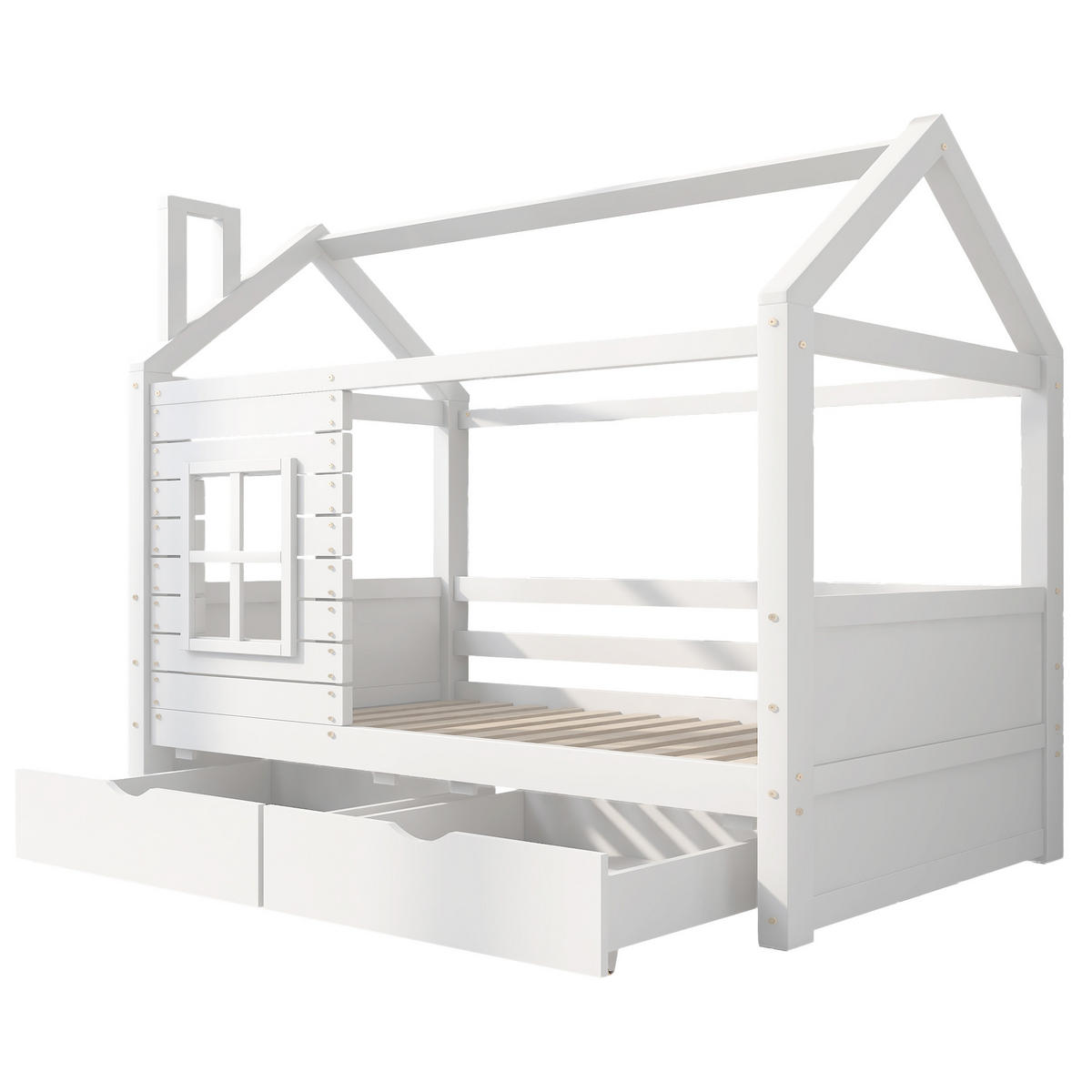 HAUSBETT 90x200cm Weiß Mit Rausfallschutz Fenster & Lattenrost - Weiß, Holzwerkstoff (90/200cm) - FLIEKS