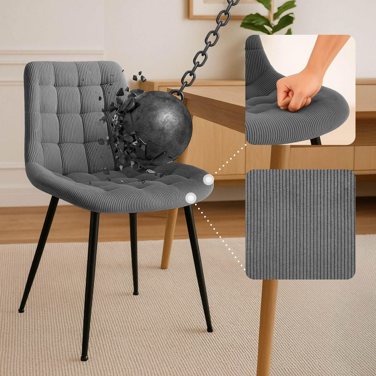 ESSZIMMERSTUHL Cord Grau - Schwarz/Grau, Textil/Metall (52/83/58cm) - CLP