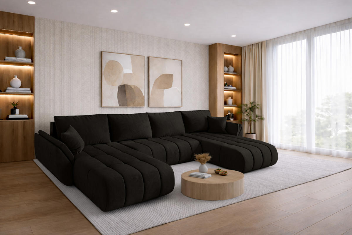 ECKSOFA mit schlaffunktion und bettkasten TOKYO U PREMIUM, stoff MONOLITH, Dunkelgrau - Dunkelgrau, Holz (384/190cm) - Kaiser Möbel