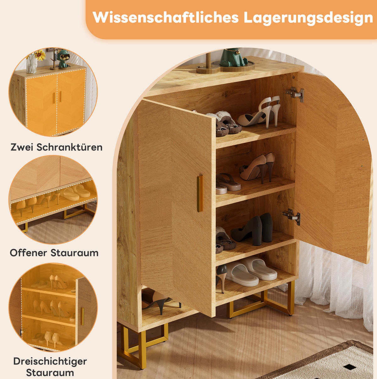 SCHUHSCHRANK 80/38/100 cm mit 2 Türen, schmales Design in Natur - Naturfarben, Holzwerkstoff (80/100/38cm) - BEAOK