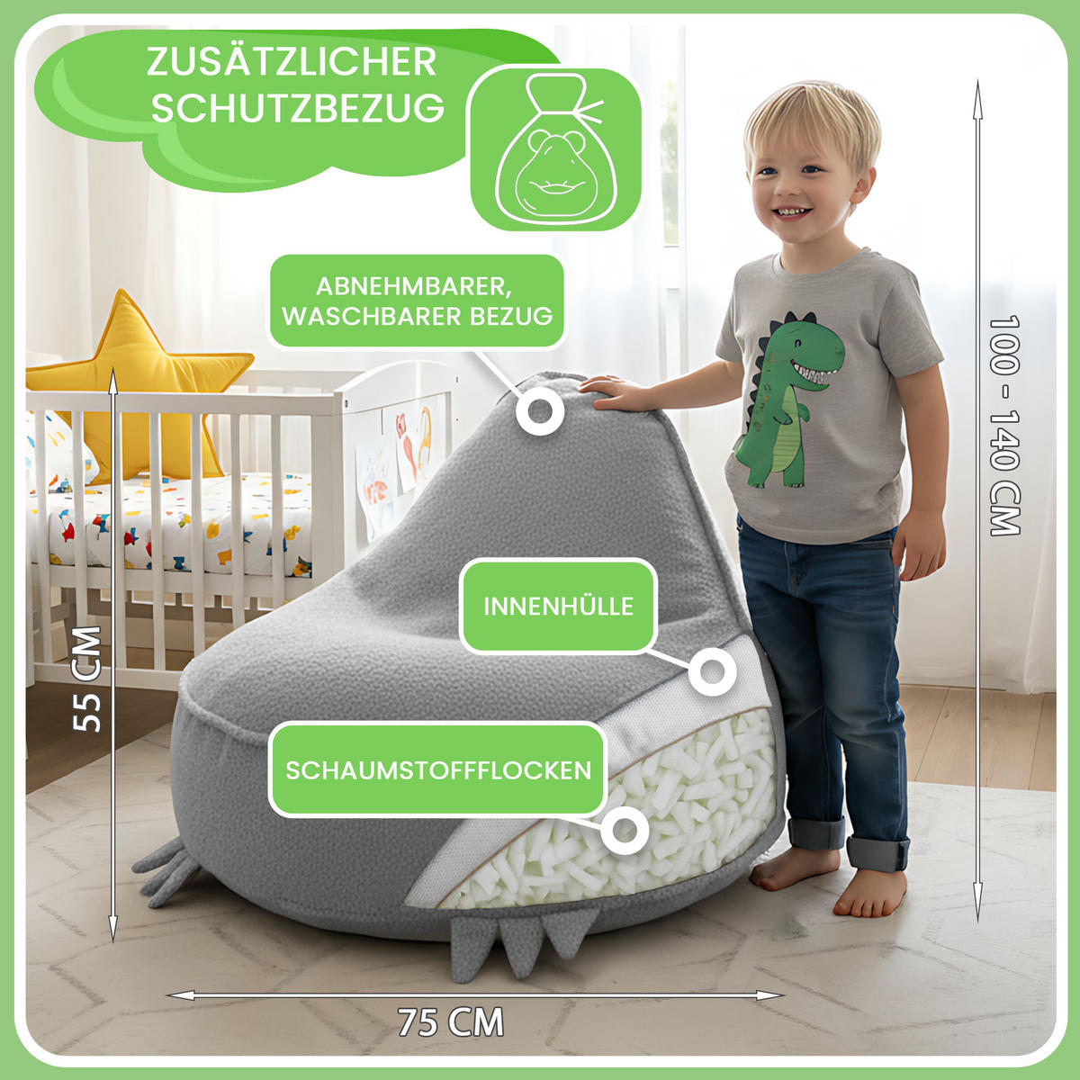 SITZSACK FÜR KINDER Dino 75/75/55 cm, weicher Bouclé 315 g/m², abnehmbarer Bezug, Pearl Grey - Hellgrau, Textil (75/55/75cm) - Dreamroots