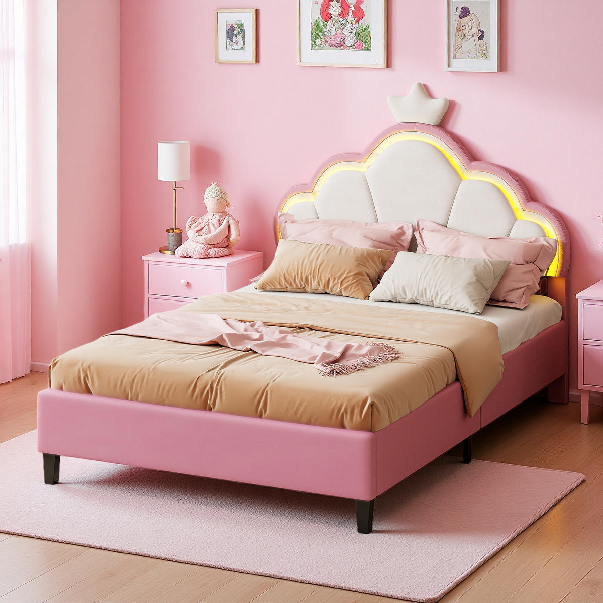 KINDEREINZELBETT 90 x 200 cm, Einzelbett für Mädchen, kronenförmiges Prinzessinnenbett, verstellbares Kopfteil, rosa, Kinderbetten - Pink, Holz (90/200cm) - WoodenAura