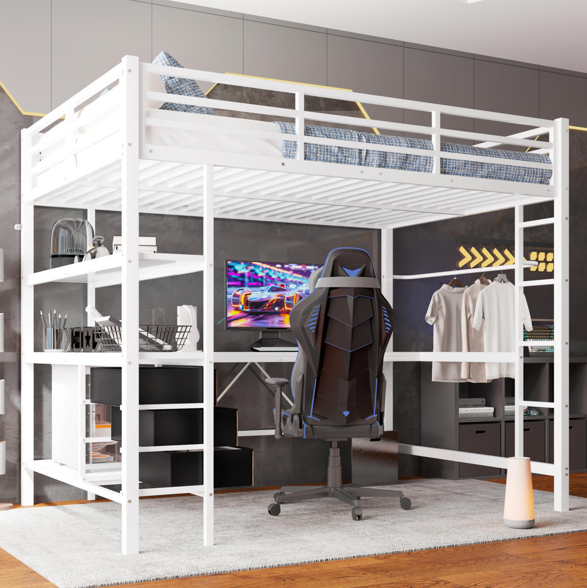 HOCHBETT aus Metall und MDF 140x200 cm Weiß mit LED-Beleuchtung, Schreibtisch, USB, Steckdose und 3 Schubladen - Weiß, Metall (140/200cm) - Modfu