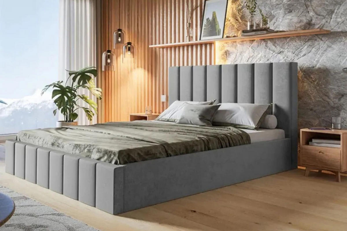 POLSTERBETT SIM 10 mit Kopfteil, 160 x 200 cm mit Bettkasten und Lattenrost aus Holz, Velourstoff, Farbe: Grau - Grau, Holz/Kunststoff (160/200cm) - Sepro Meble