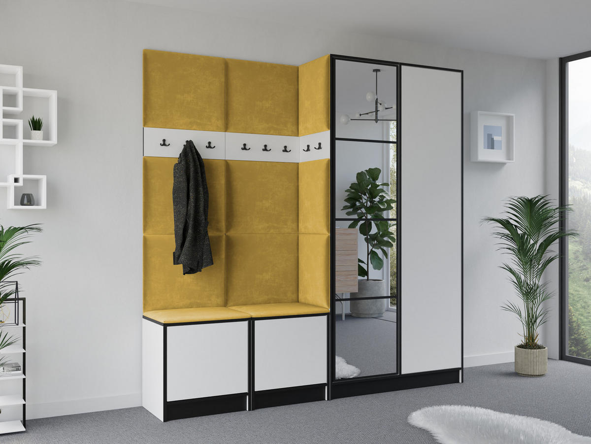 GARDEROBENSCHRANK EDEN 21 mit Spiegel - Weiß - Stoff Gelb - Gelb/Weiß, Holzwerkstoff (211/205/39cm) - Kier Furniture