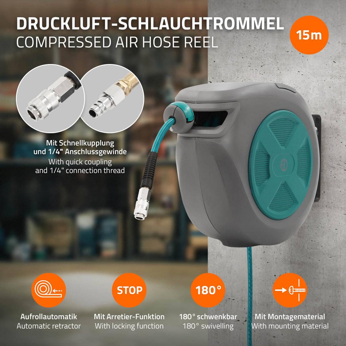 DRUCKLUFTSCHLAUCHTROMMEL 15m+1,5m - Grau, Kunststoff (16.5/32/45cm) - ECD-Germany