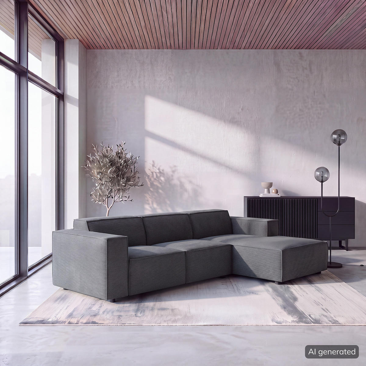 ECKSOFA mit Longchair - Anthrazit/Schwarz, Kunststoff/Textil (260/177cm) - home24