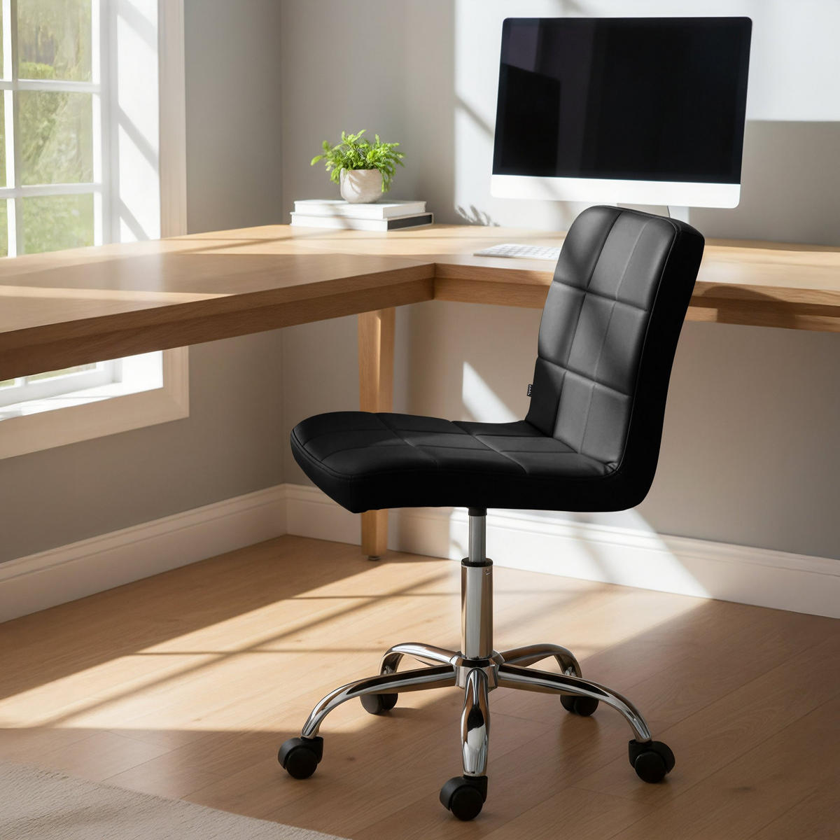 DREHSTUHL Lederlook Schwarz - Chromfarben/Schwarz, Textil/Metall (47/93/56cm) - CLP