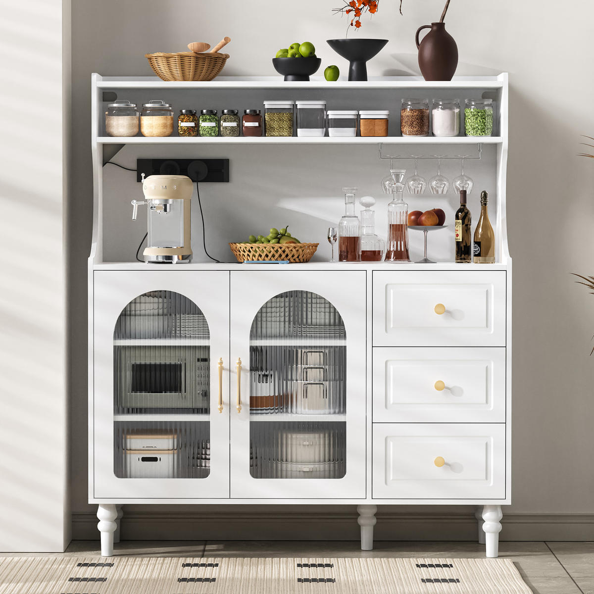 BUFFET in Weiß mit Weinglashaltern und Stauraum für Esszimmer und Küche, B120/T40/H138.5 cm - Transparent/Weiß, Glas/Holzwerkstoff (120/138.5/40cm) - STILVORA