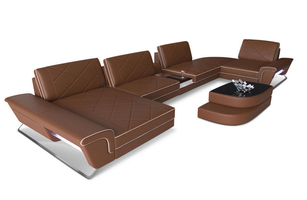WOHNLANDSCHAFT Bari U - Hellbraun, Leder (456/89/243cm) - Sofa Dreams