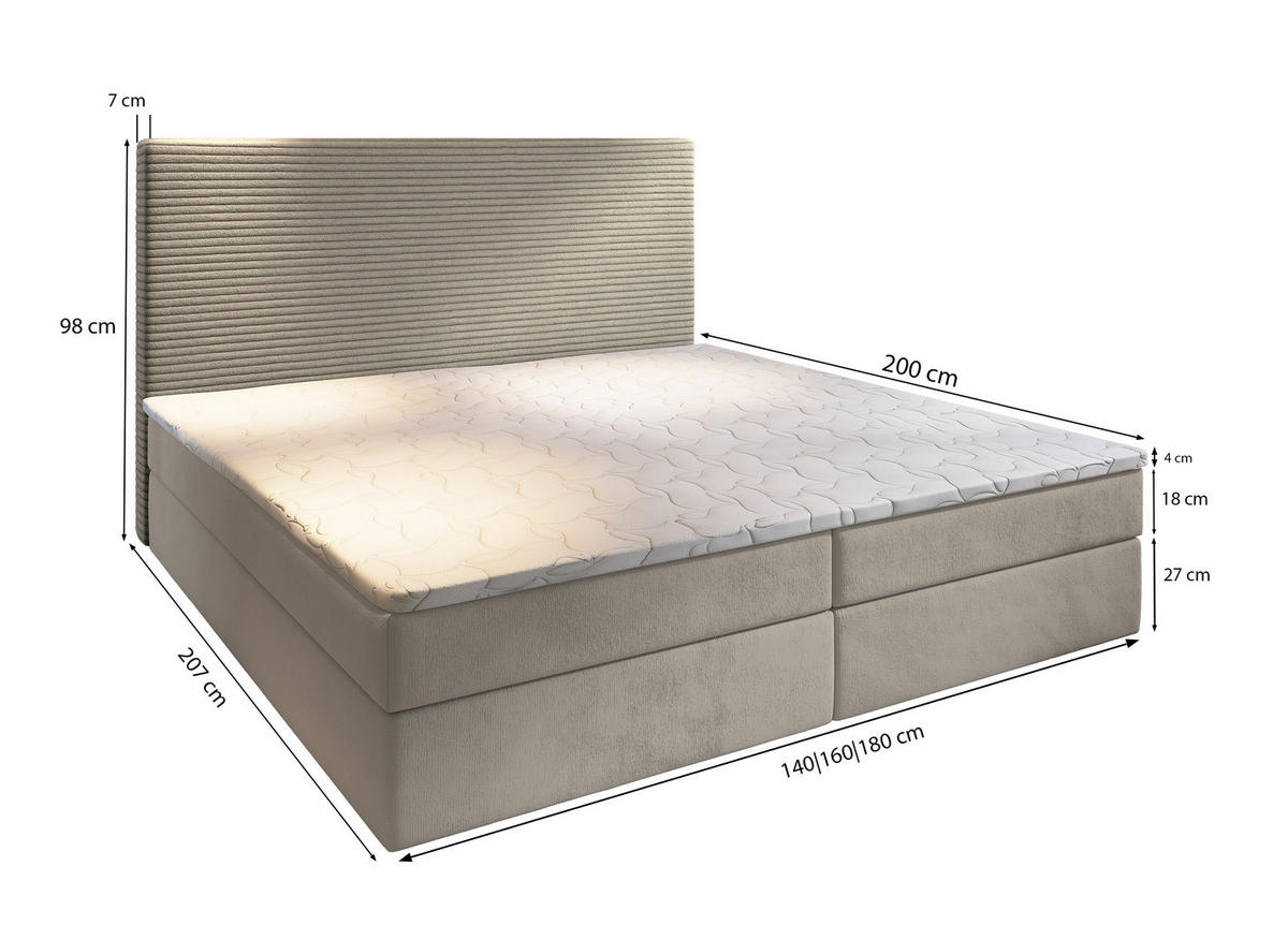 BOXBETT GIARRO 180x200 cm mit Matratze und Topper - Hellgrau - Hellgrau, Holz (180/200cm) - MASSENO