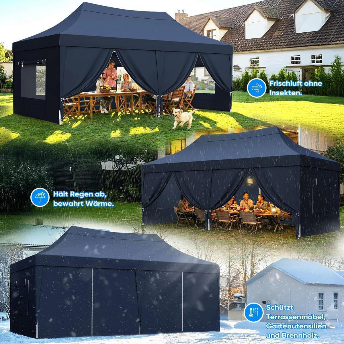 FALTPAVILLON 3x6m wasserdicht mit Seitenwänden Blau - Blau, Textil (585/310/293cm)