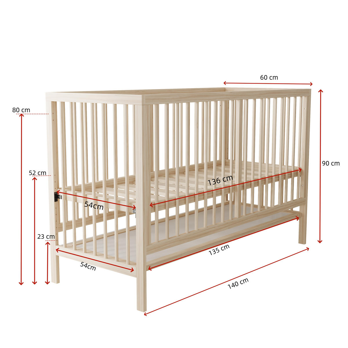 BABYBETT 140x60x90cm Natur Fichte Höhenverstellbar umwandelbar - Naturfarben, Holz - FLIEKS