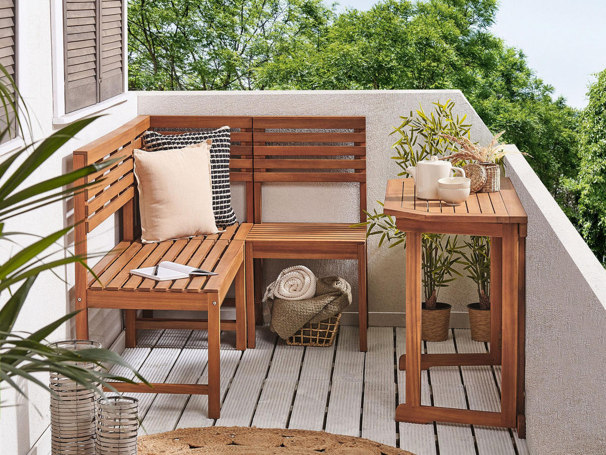 BALKON ECKBANK SET 4-teilig Akazienholz hellbraun modular Treia - Hellbraun, Holz - Beliani