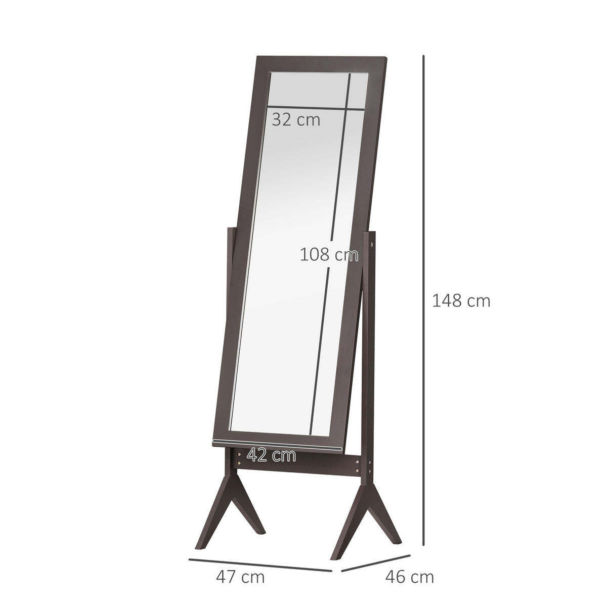 STANDSPIEGEL Erhöhte Füße Ganzkörperspiegel Schminkspiegel Pflegeleicht MDF - Braun, Glas (46/148/47cm) - HOMCOM
