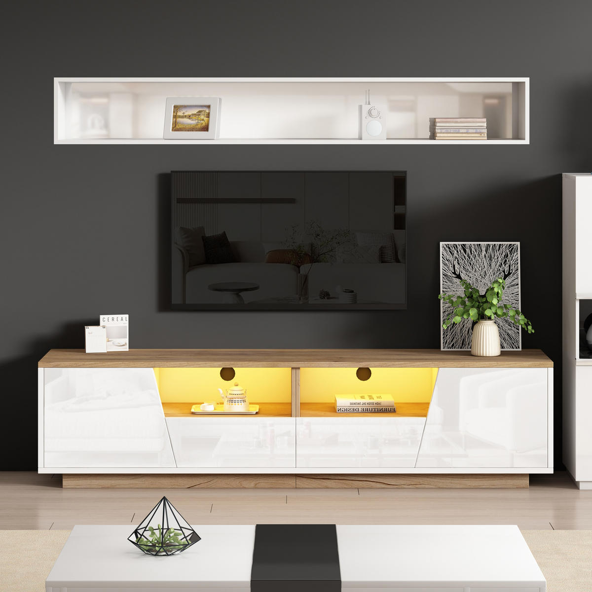 TV-LOWBOARD 180x40x46 cm Weiß Holz LED 2 Schränke 2 Schubladen - Weiß, Holzwerkstoff (40/46/180cm) - FLIEKS