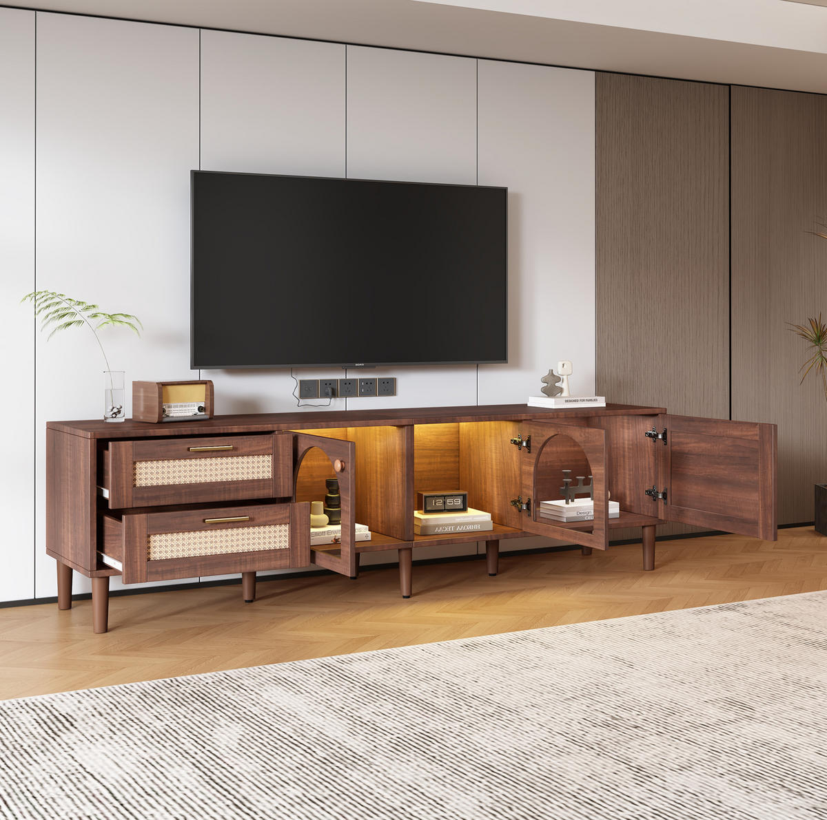 TV-SCHRANK aus Spanplatte 180x40x50 cm Braun mit LED-Beleuchtung, Rattanfronten und Glastüren - Braun, Holzwerkstoff (180/50/40cm) - Modfu