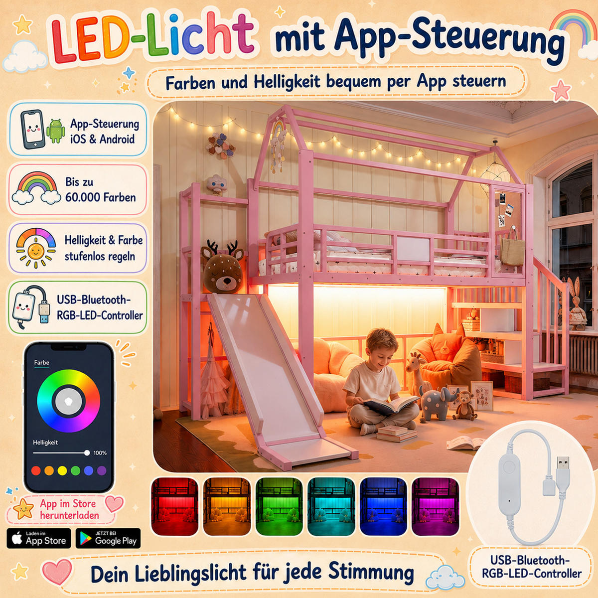 KINDERHOCHBETT MDF & Metall 90x200 cm Pink mit Rutsche, Treppe und LED-Beleuchtung im Hausdesign - Pink, Holzwerkstoff (90/200cm) - Modfu