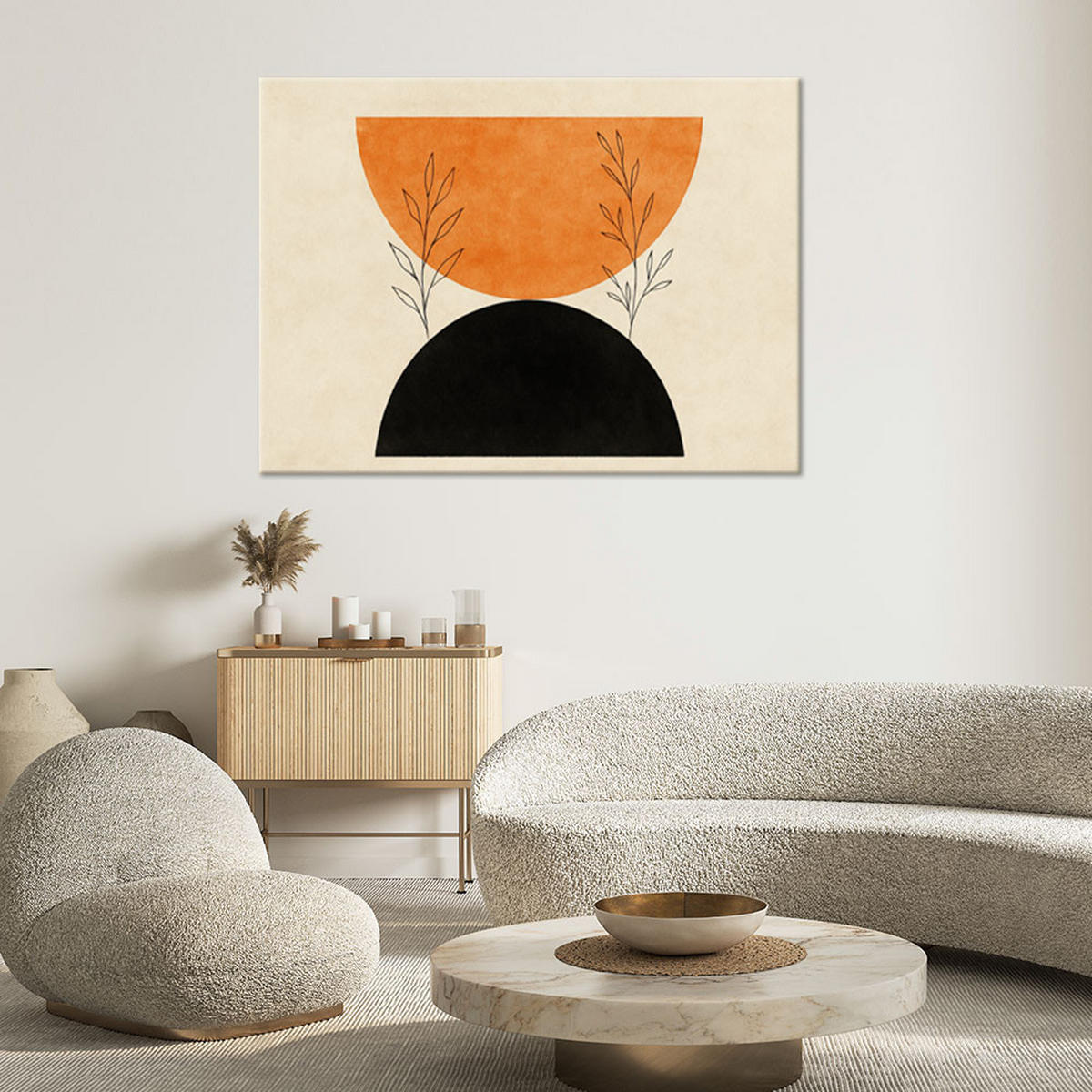 LEINWANDBILD Geometrische Figuren Pflanzen Ziegelrot Schwarz Minimalismus 120x80cm - Beige, Textil (120/80cm) - Feeby