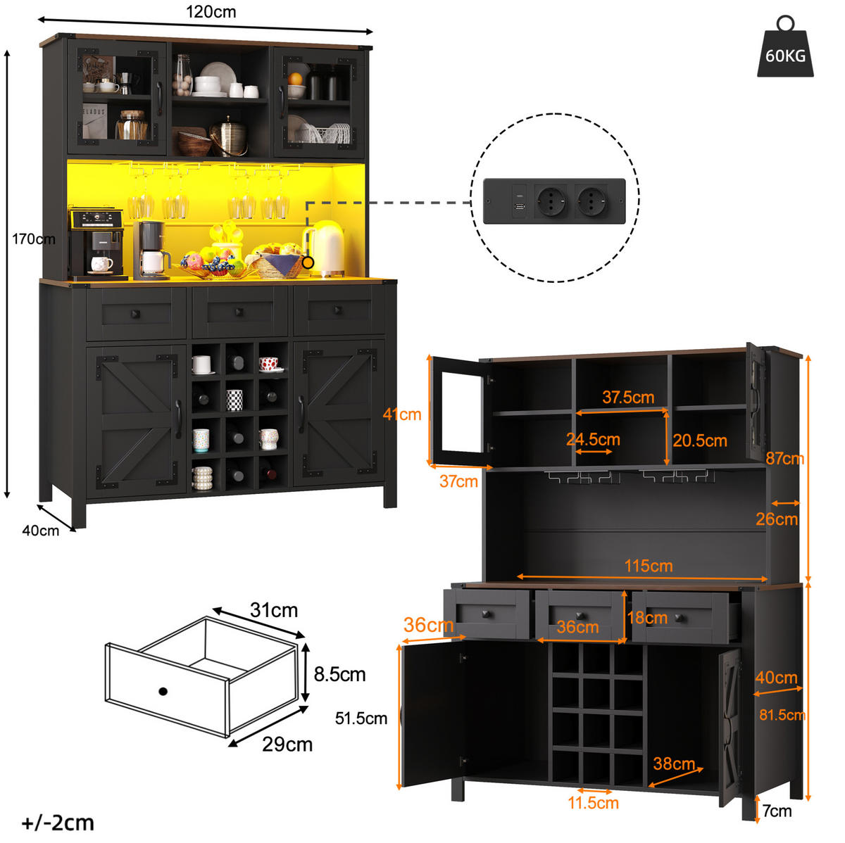 BUFFET 120/40/170 cm in Schwarz mit LED-Beleuchtung und Steckdosenleiste - Schwarz, Holzwerkstoff (120/170/40cm) - Flora Grace