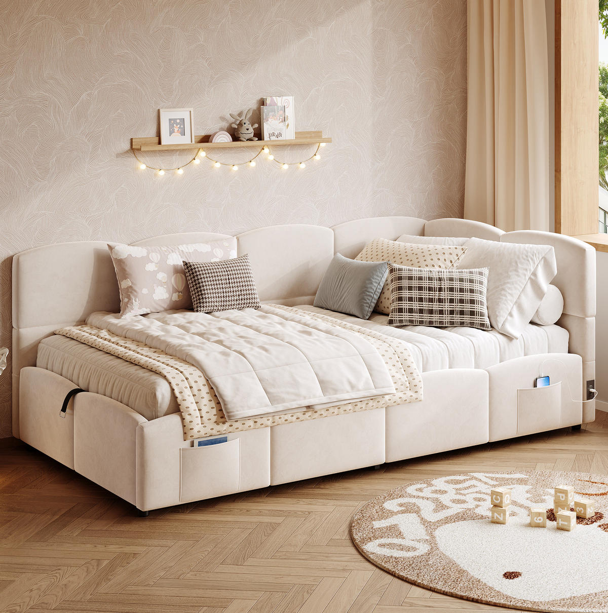 POLSTERBETT 90/200 cm aus Samt mit hydraulischem Stauraum und USB-Anschluss Beige - Beige, Textil (90/200cm) - Modenvie