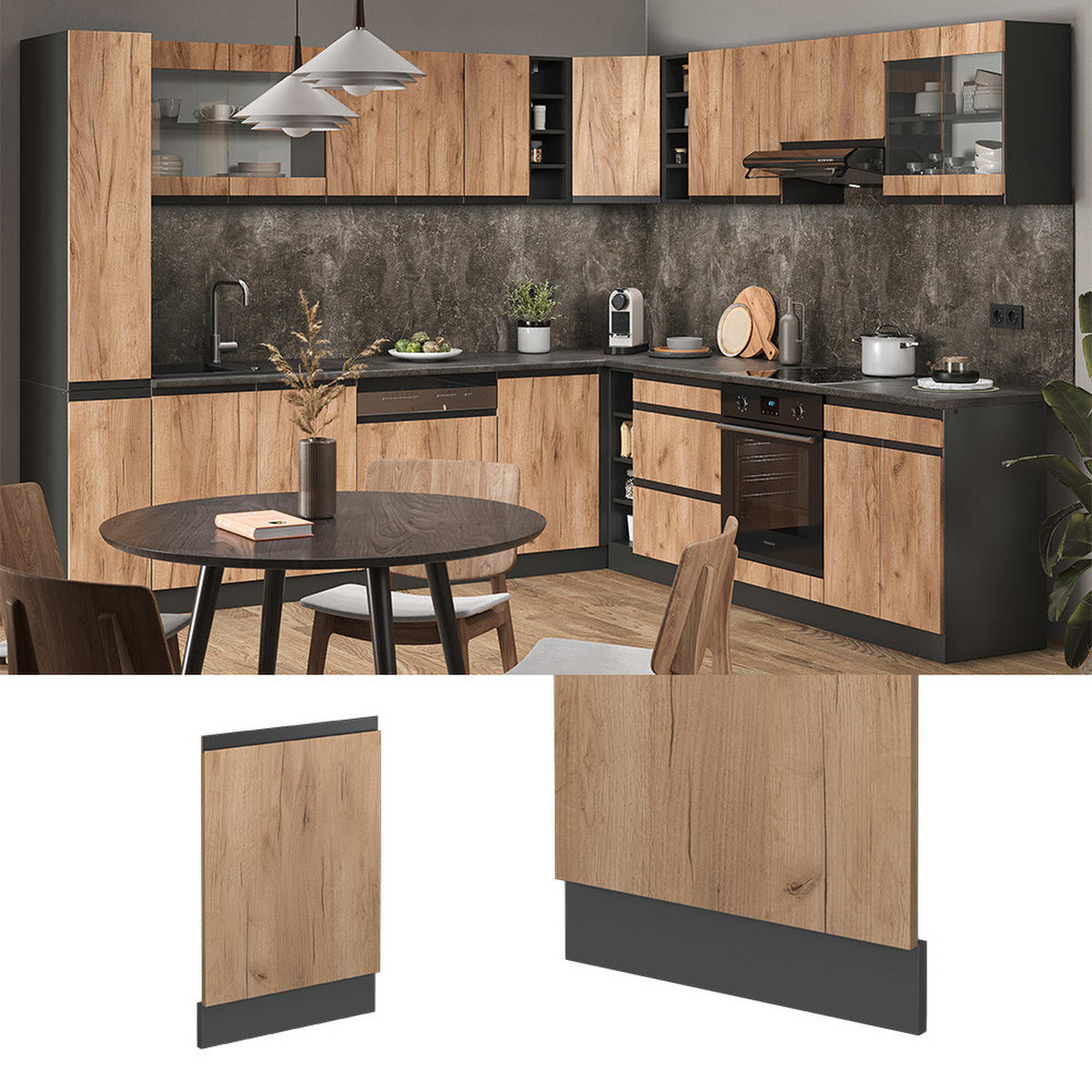 FRONTBLENDE R-Line Goldkraft Eiche 44.6 cm J-Shape, ohne AP - Honigeiche/Anthrazit, Holzwerkstoff (44.6/57.2/1.6cm) - Vicco