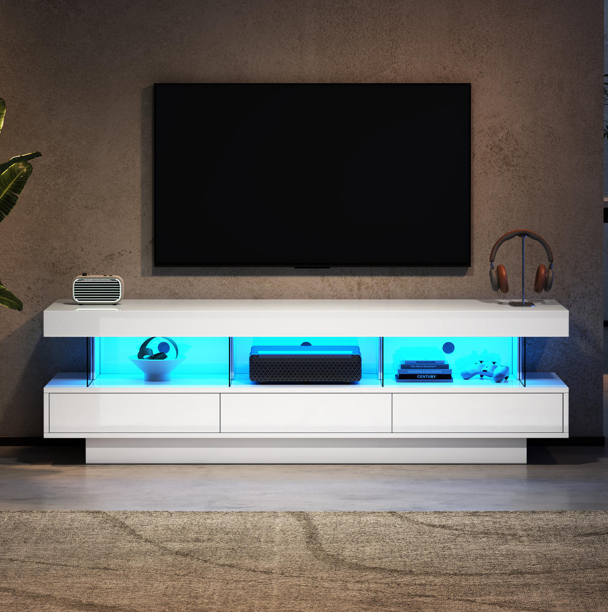 TV-SCHRANK Hochglanz Weiß mit 3 Glasfächern und LED-App Steuerung 160/38/50.5 cm - Weiß, Holzwerkstoff (160/50.5/38cm) - Redom