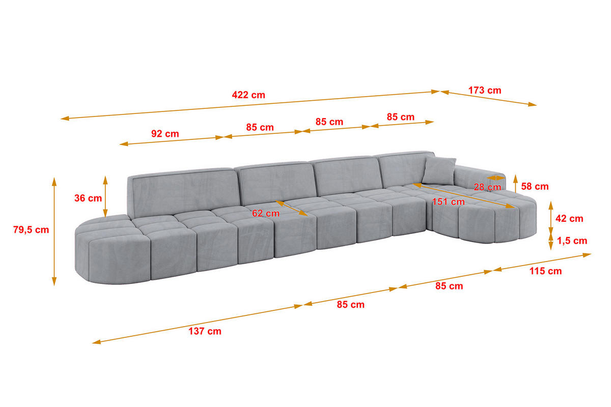 ECKSOFA Ottomane Rechts LIVO-L3 - 422x173x79,5 cm Hellgrau - Grau, Holzwerkstoff/Textil (422/173cm) - ALTDECOR