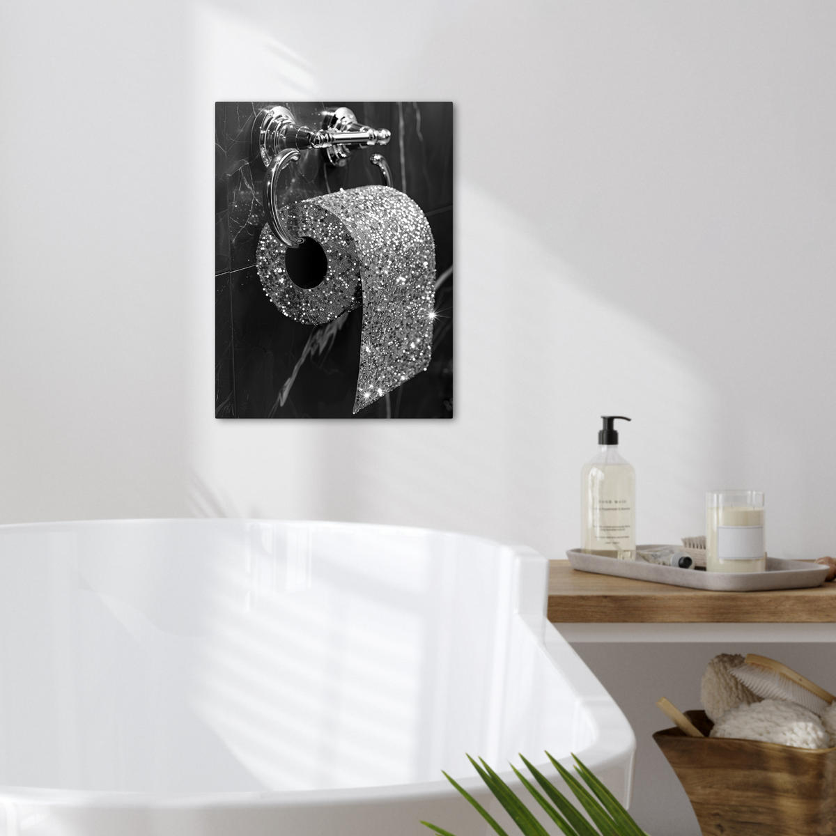 LEINWANDBILD WC - Toilettenpapier - Schwarz und weiß - Glitter 30x40 cm - Silberfarben, Textil (30/40cm) - MuchoWow