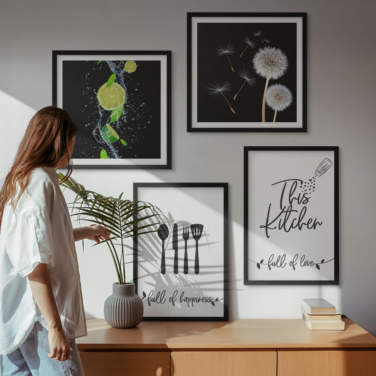 BILDER SET 4er Set - 50x50 cm & 40x60 cm Schwarzer Rahmen - Löwenzahn-Kalk-Kücheninschriften - Schwarz, Kunststoff (50/50cm) - TULUP