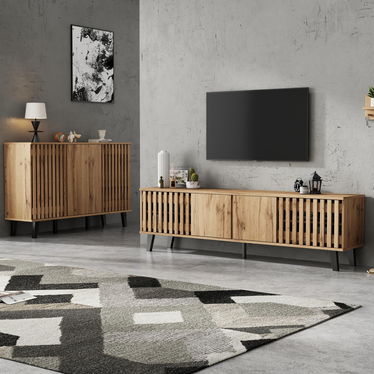LOWBOARD TV-Schrank- und Sideboard-Set 180/40/55 und 150/40/95 cm aus Holzwerkstoff mit 14 Fächern Naturfarben - Hellbraun, Holzwerkstoff (180/55/40cm) - Modenvie