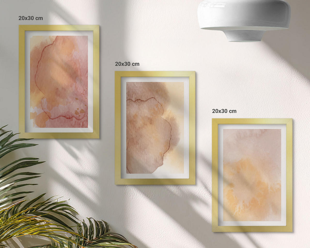 BILDER SET 3er Set - 20x30 cm Goldrahmen - Warme, farbenfrohe Aquarelltexturen - Goldfarben, Kunststoff (20/30cm) - TULUP